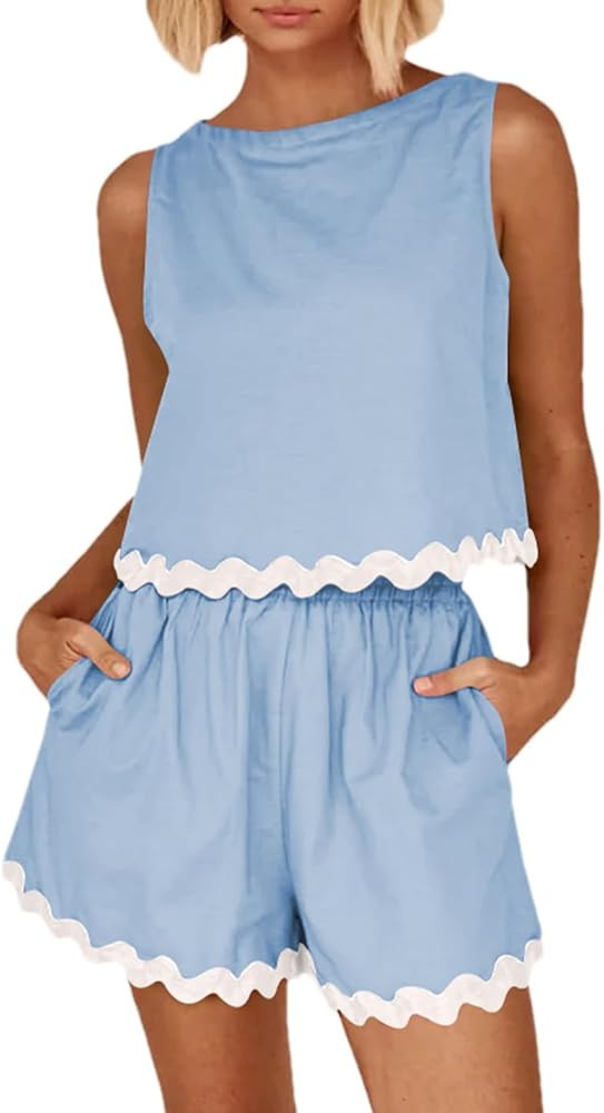 Women's Summer 2 Piece Outfits Lounge Set Sleeveless Lace Cropped Tank Tops High Waist Shorts Mac... | Amazon (US)