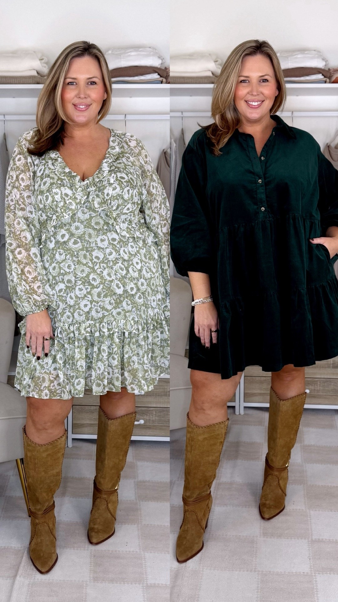 THE NEW LOVERLY GREY COLLECTION with Anthropologie is here!!! Both dresses are 2X! In the green floral, it runs true to size so get your regular size! In the dark green corduroy, it runs a bit generous, you could size down if you want but I enjoy the extra room! 

Plus size fashion, fall fashion, early fall outfit ideas, anthro finds, anthro dresses, fall dress, wide calf boots

#LTKPlusSize #LTKMidsize #LTKOver40