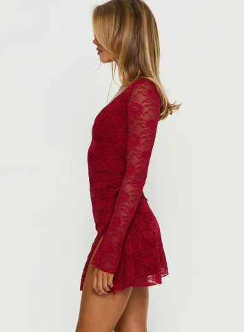 Airabella Long Sleeve Lace Mini Dress Red | Princess Polly US
