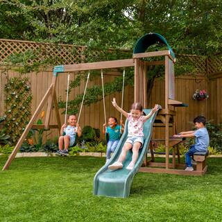 DIY Wilderness Point II Wooden Outdoor Playground Set with Slide, Climbing Ladder, Picnic Table, Swings, and Art Panel | The Home Depot