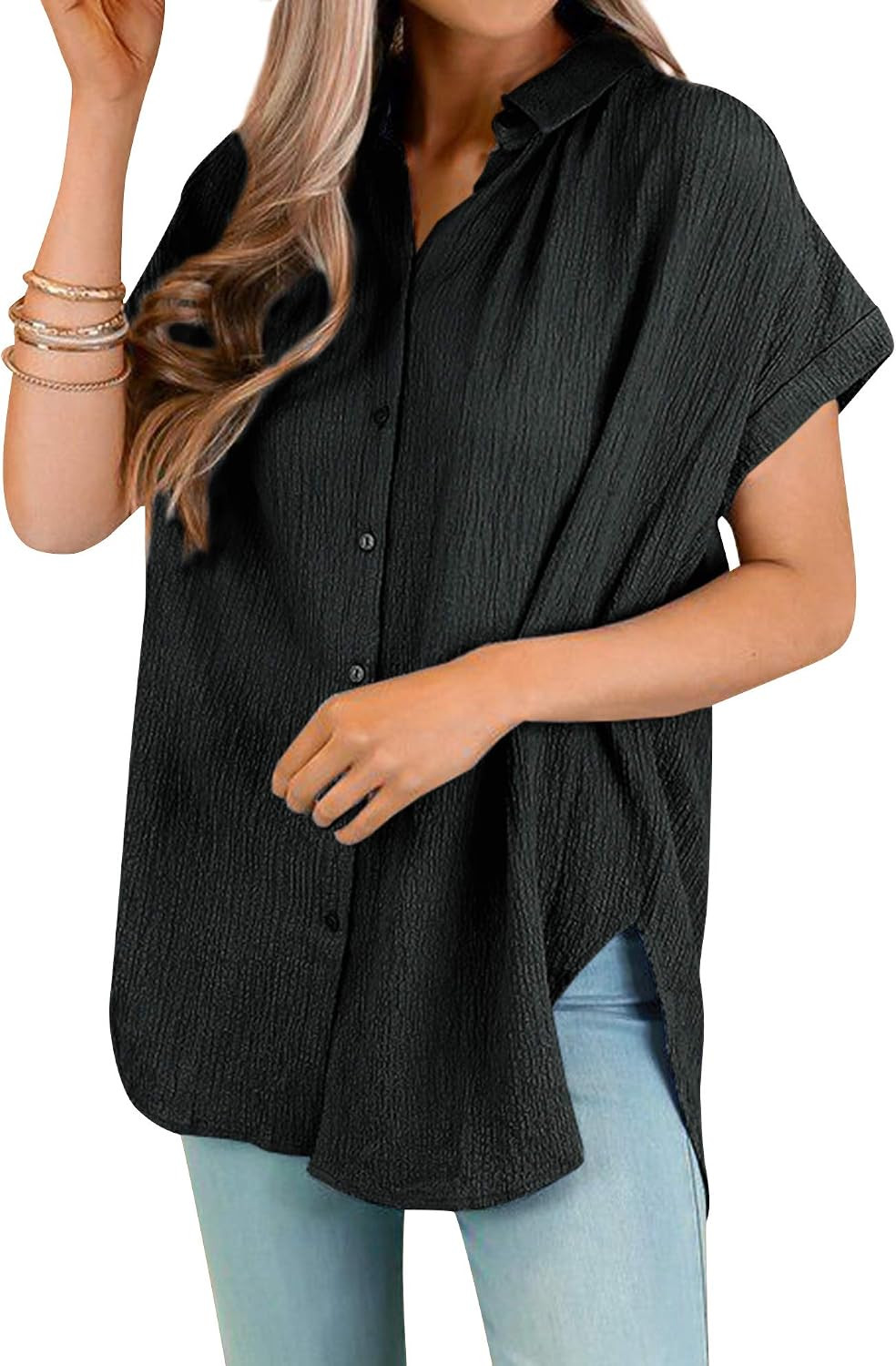 ZJP Womens Stand Collar Batwing Sleeve Button Up Plaid Blouse Casual Tee Tops Swiss Dot Shirt | Amazon (US)