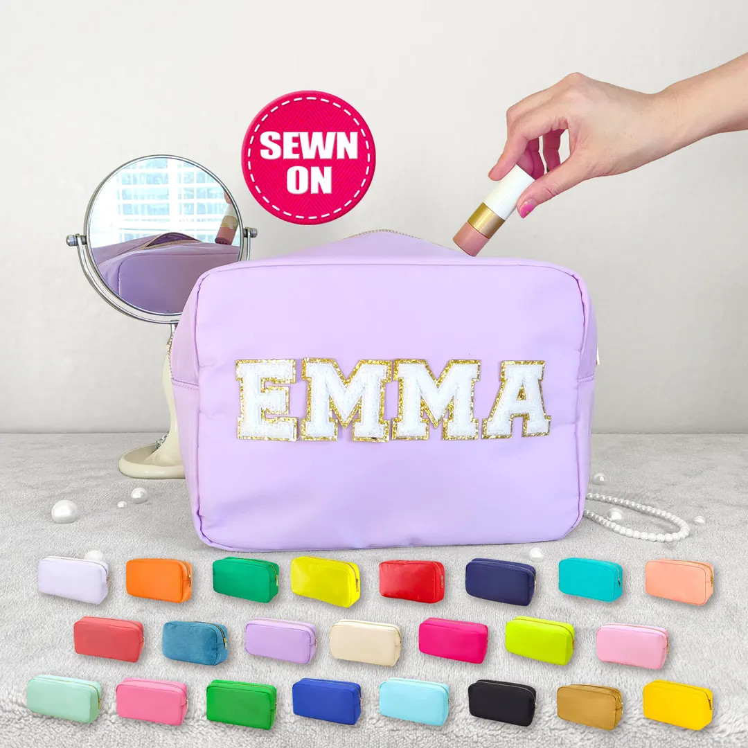 Personalized XL Cosmetic Bag Custom Makeup Bag Sewn Nylon Pouch Chenille Patches X-large Travel C... | Etsy (US)