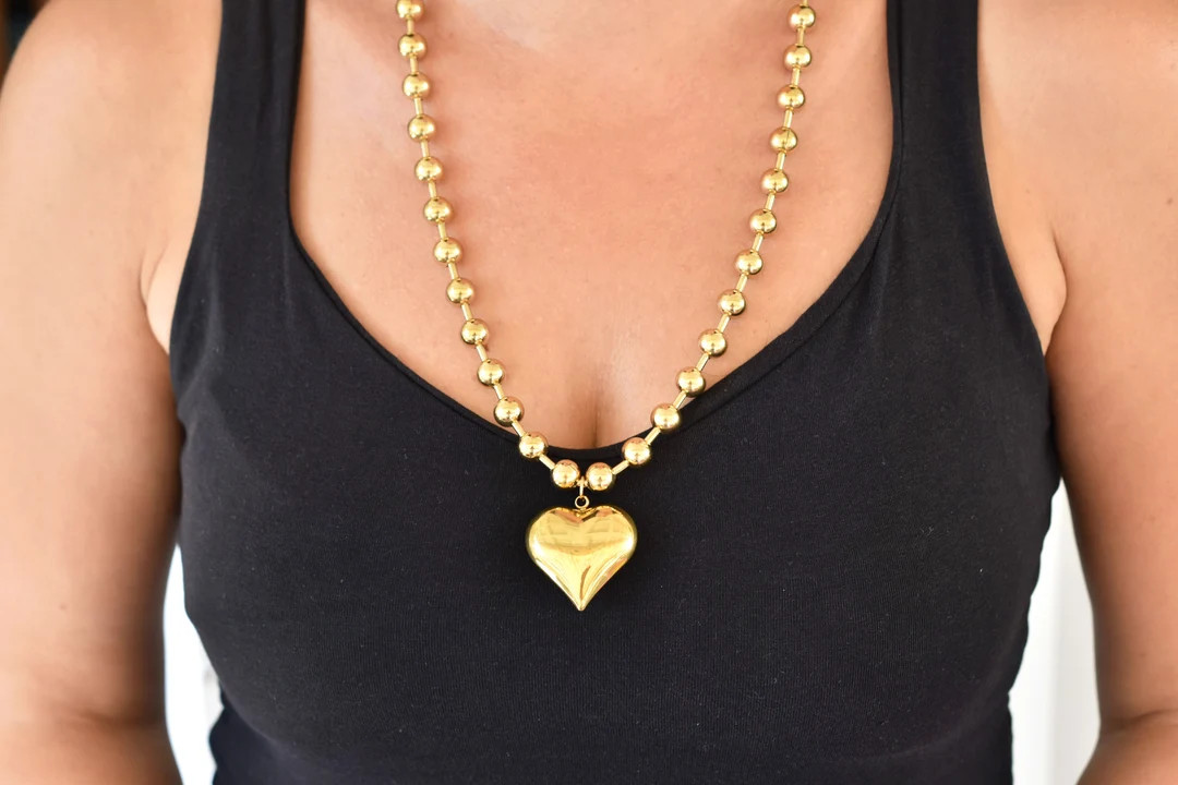 Chunky Charm Necklace, Gold Heart Necklace, Ball Chain Necklace, Large Heart Necklace, Gift for H... | Etsy (US)
