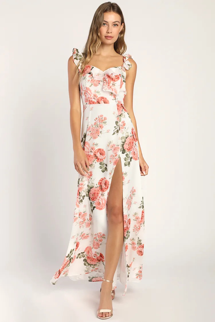 Radiant Evening White Floral Print Ruffled Sleeveless Maxi Dress | Lulus
