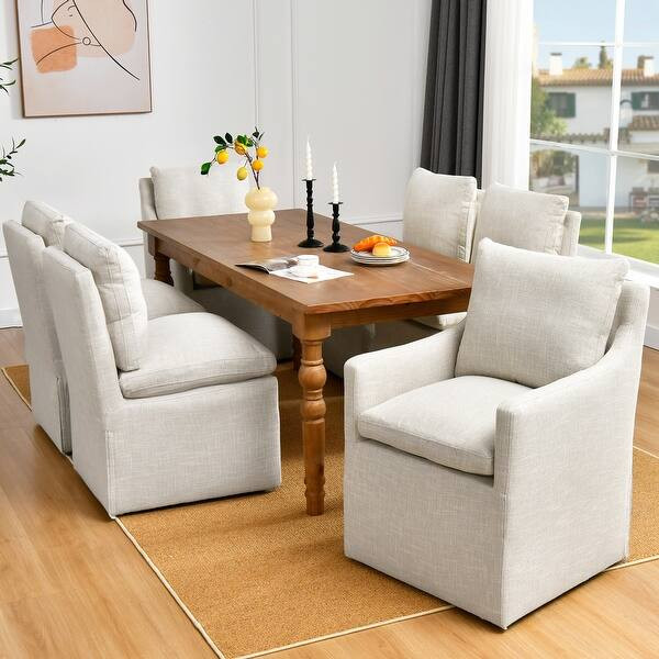 Upholstered Swiveling Rolling Linen Dining Chairs Set - Set of 4 - Armless-Cream | Bed Bath & Beyond