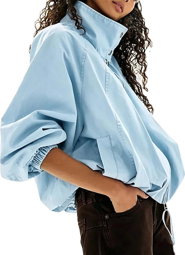 Womens Stand Collar Zipped Bomber Jacket Elastic Cuff Pleated Hem Oversized Casual Baggy Windbrea... | Amazon (US)