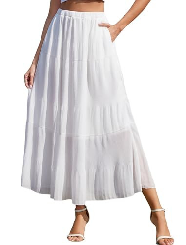 Arolina White Skirts for Women Summer Casual High Waist Flowy Maxi Skirt A-Line Tiered Long Skirt Ruffle Beach Vacation Bride | Amazon (US)