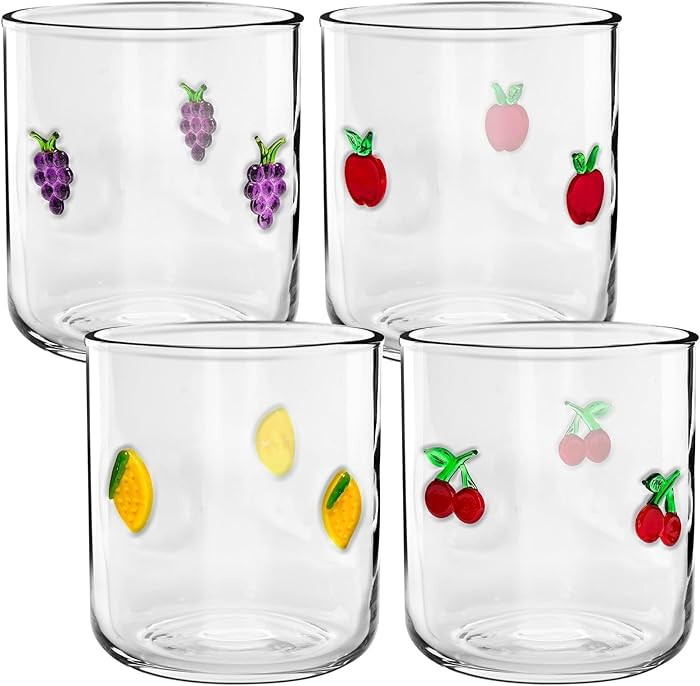 4 Pcs Fruit Icon Glasses Set, 14oz Cherry Lemon Apple Grape Aesthetic Glass Cup Icon Stemless Cof... | Amazon (US)