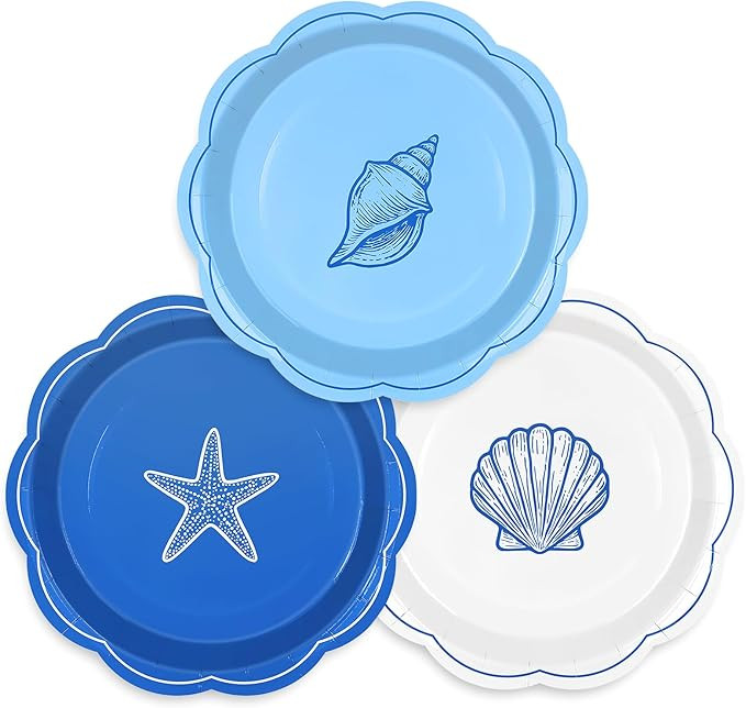 AnyDesign 48 Pcs Ocean Paper Plates Coastal Beach Party Disposable Plate Summer Scalloped Blue St... | Amazon (US)