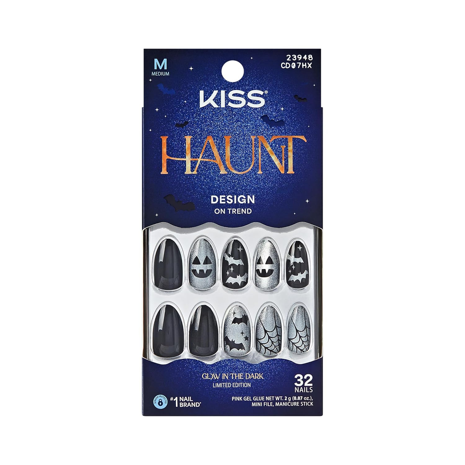 Kiss Haunt, Press On Nails, Nail glue included, 'Vamp It Up', Black, Medium Size, Almond Shape, Includes 32 Nails, 2g Glue, 1 Manicure Stick, 1 Mini File | Amazon (US)