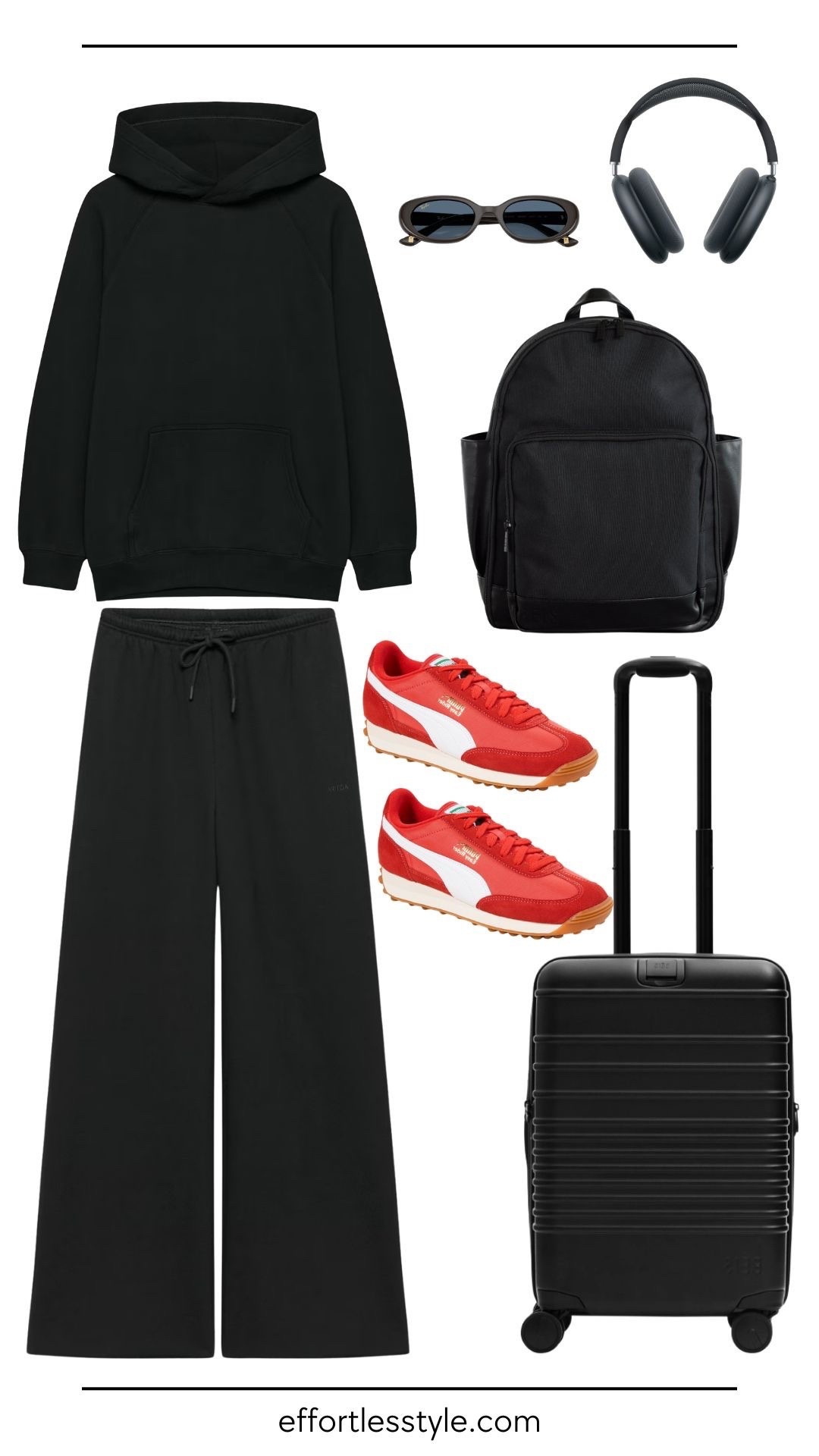 For travel days, I focus on comfort and versatility. I’m a big believer in capsule packing—especially for short trips where you don’t want to overpack but still want options. The black hoodie and red Puma sneakers did double duty here, appearing in both my travel-there and travel-home outfits. On the way to Vegas, I paired them with black sweatpants for a cozy, easy look on the long flight. On the way home, I swapped the sweatpants for black leggings to keep things comfortable but slightly more polished. This approach saves luggage space and ensures everything works together without overthinking it.

#LTKgrwm #LTKootd #LTKdayinmylife