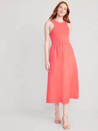 Fit & Flare High-Neck Combination Midi Dress for Women | Old Navy (US)