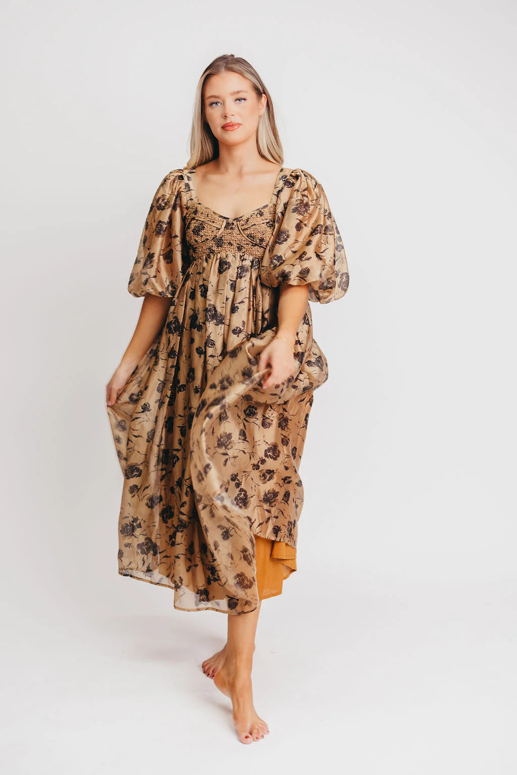 Harlow Camel & Black Floral Maxi Dress - Bump Friendly and Inclusive S | Worth Collective