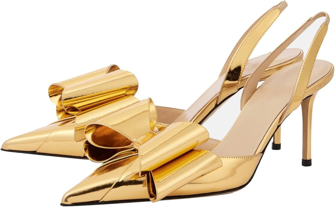 YIYA Women's Metallic Bow Kitten Heels Closed Pointed Toe Slingback Pumps Stiletto High Heels Sli... | Amazon (US)
