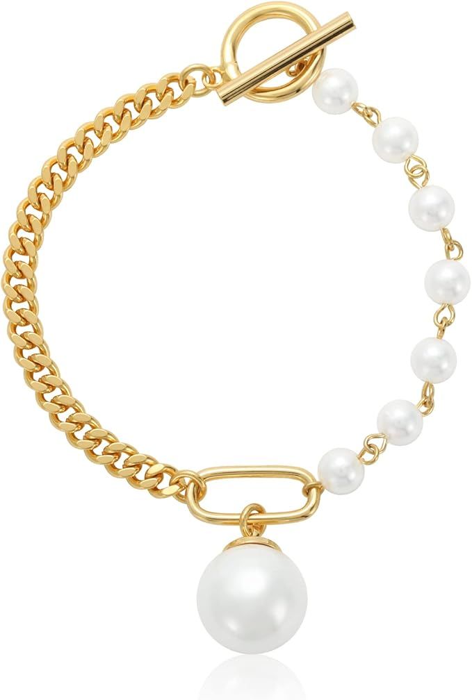 Gold Pearl Bracelets for Women - 16K Chain Paperclip Charm Dainty Bracelet Pearl Chain and Thick ... | Amazon (US)