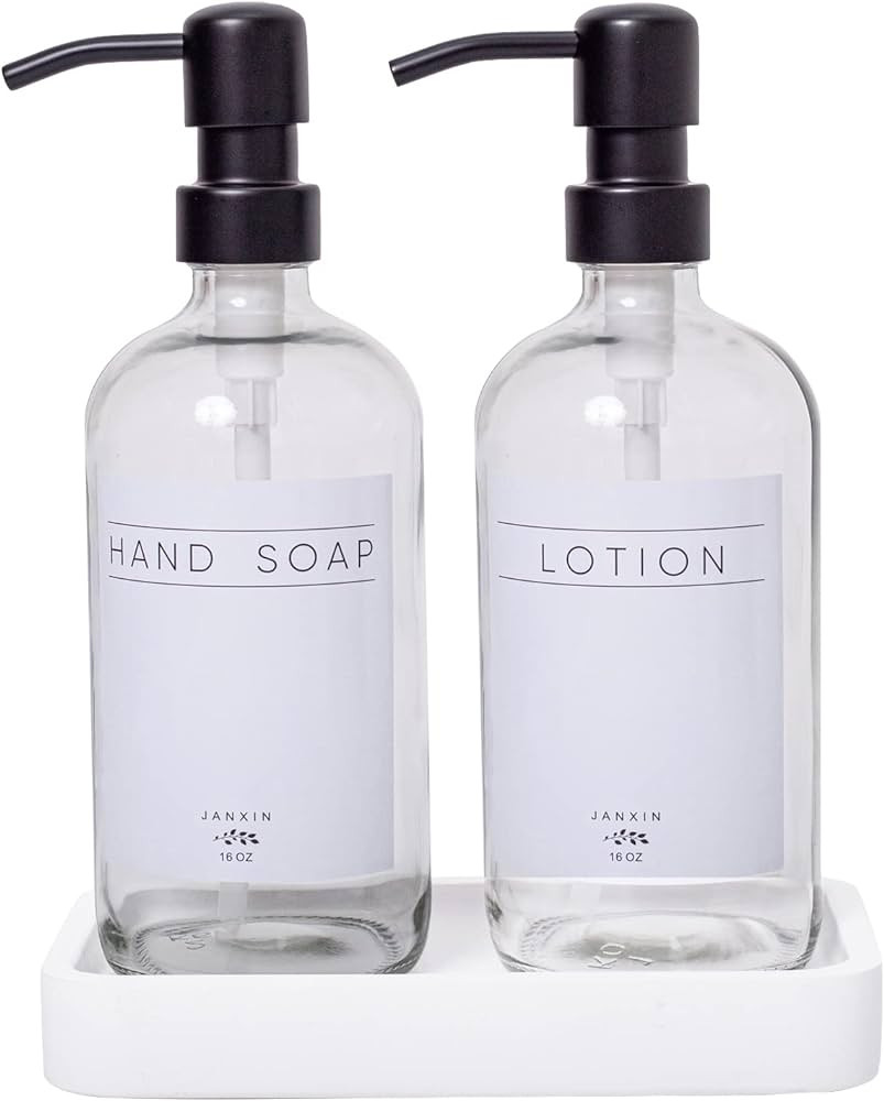 Janxin Clear Glass Soap Dispenser with Stainless Steel Pump and Wood Tray,Hand Soap Dispenser, Ki... | Amazon (US)