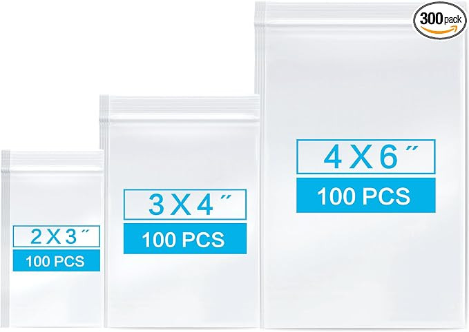300 Pack Small Clear Plastic Bags, 3 Assorted Sizes, Zip Storage Baggies for Jewelry, Beads, Pill... | Amazon (US)