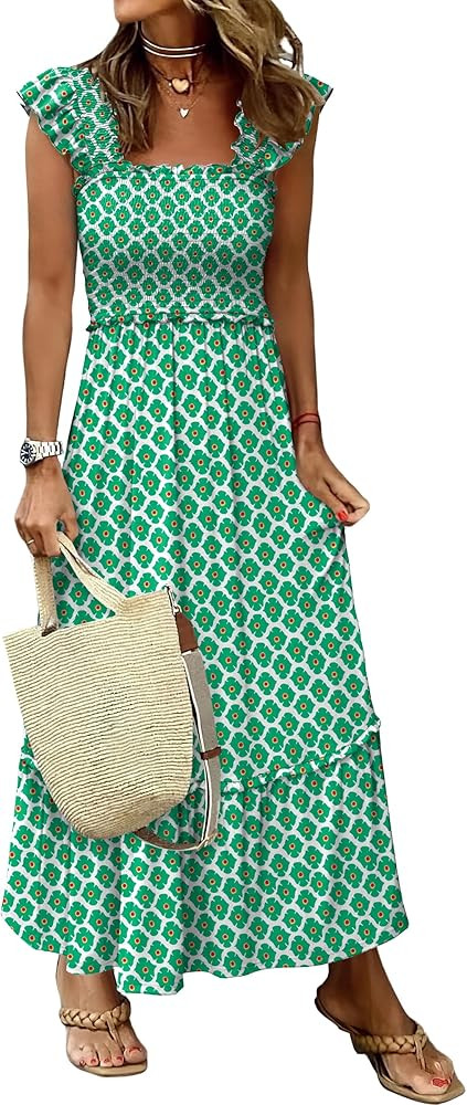 ANRABESS Womens Summer Sleeveless Maxi Dress Square Neck Smocked Boho Casual Ruffle Strap Flowy A... | Amazon (US)