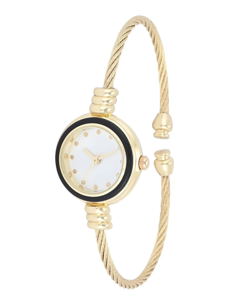 No Boundaries Adult Female Goldtone Round Case Watch with Black Enamel Bezel and Cable Bangle Bra... | Walmart (US)