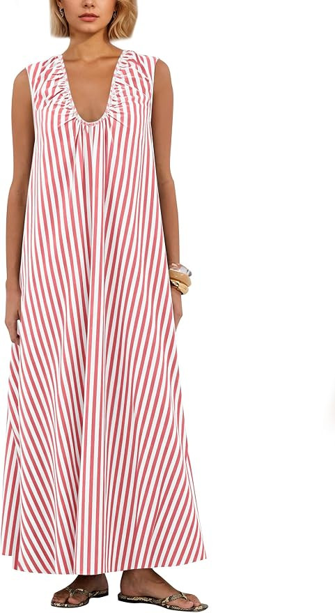Livtany Women's Scoop Neck Ruched Maxi Dress Flowy Swing Wide Straps Long Dress Casual Sleeveless... | Amazon (US)