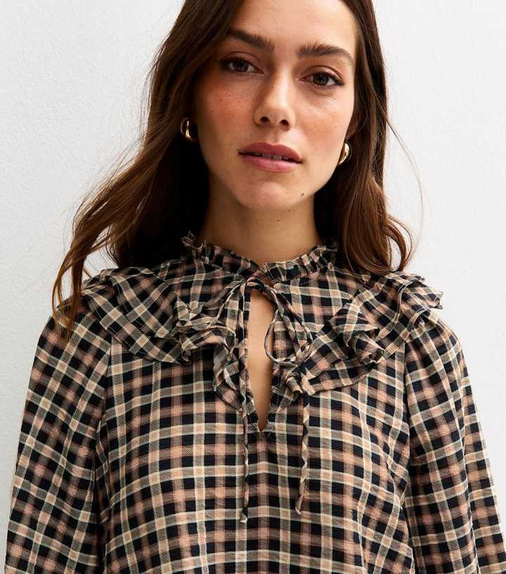 Petite Brown Checked Ruffle Collar Frill Trim Blouse | New Look | New Look (UK)