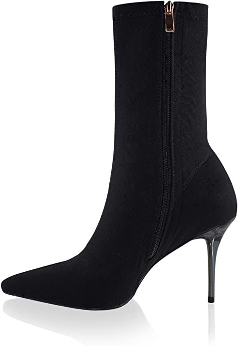 vivianly Stretch Pointed Toe Sock Booties Mid-Calf Ankle Boot Stiletto Heel Boots for Women | Amazon (US)