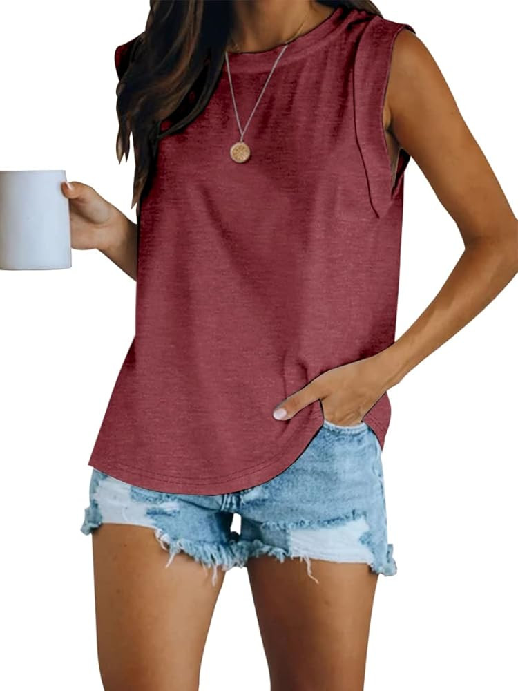 Women's Summer Sleeveless Tank Top Loose Fit Casual Crew Neck T Shirts Basic Tee Tops | Amazon (US)
