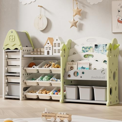 Pipleo Kids Toy Storage Organizer with 17 Removable Bins, 4-Tier Bookshelf for Kids, Multi-Purpose Castle-Shaped Toy Organizer for Playroom, Bedroom, Nursery, Living Room (Green) | Amazon (US)