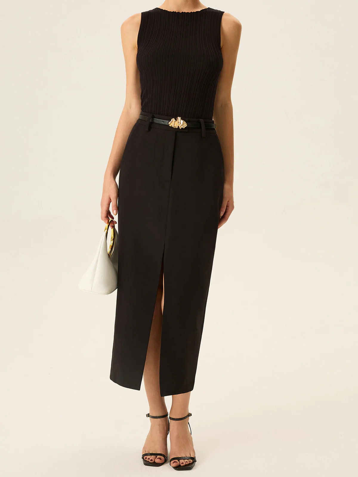 Beltled Pocket Slit Midi Skirt | Commense