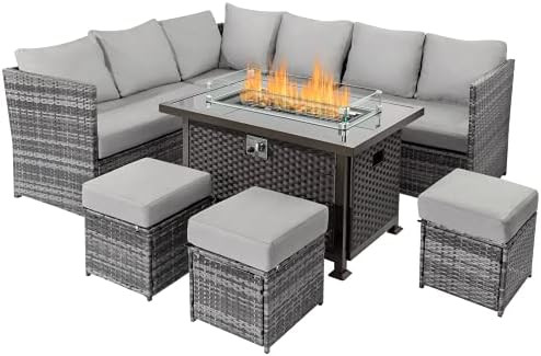 U-MAX 7 Pieces Outdoor Patio Furniture Set with Gas Fire Pit Table, Grey Wicker Sectional Sofa Set,  | Amazon (US)