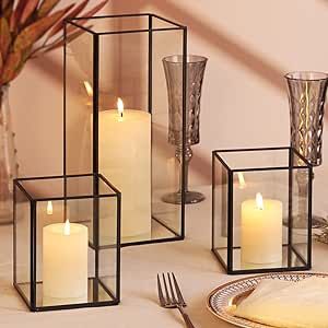 LAMORGIFT Glass Hurricane Candle Holders Set of 3- Black Square Candle Holders for Pillar/Flamele... | Amazon (US)