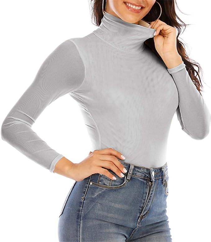 Anbenser Women's Turtleneck Top Long Sleeve Slim Fit Shirts Mesh Sheer See Through Casual Blouse | Amazon (US)