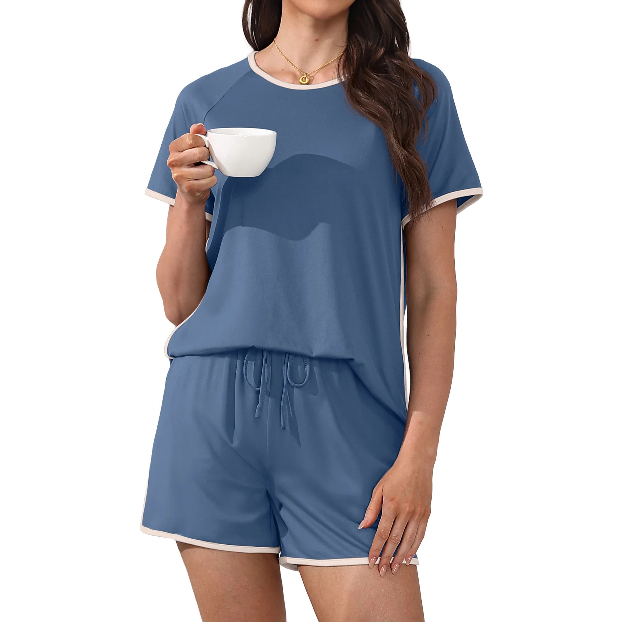 MINTREUS Pajama Set for Women 2 Piece Lounge Set Short Sleeve Tops and Shorts Soft Sleepwear with... | Walmart (US)