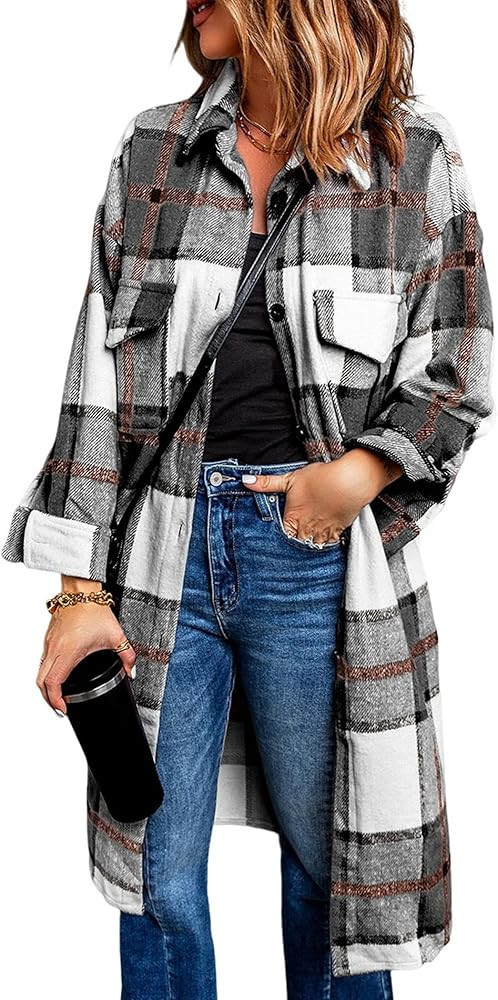 PRETTYGARDEN Women's 2024 Plaid Shacket Jacket Long Sleeve Button Down Shirts Fashion Winter Wool... | Amazon (US)