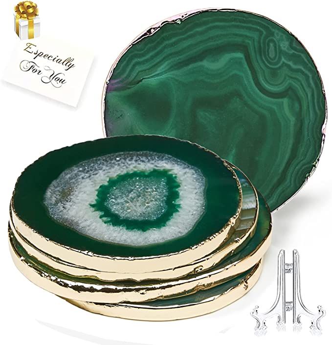 Green Agate Coasters Set of 4,Natural Geode Coasters Agate Slices Gold Rim 4 - 3.5",Gem Coasters ... | Amazon (US)