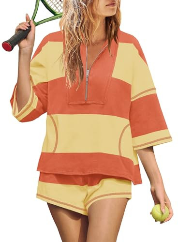 Yanekop Womens 2 Piece Outfits Summer Striped Workout Set Oversized Matching Lounge Sets Quarter Zip Shirt and Shorts(Yellow Orange,XS) | Amazon (US)