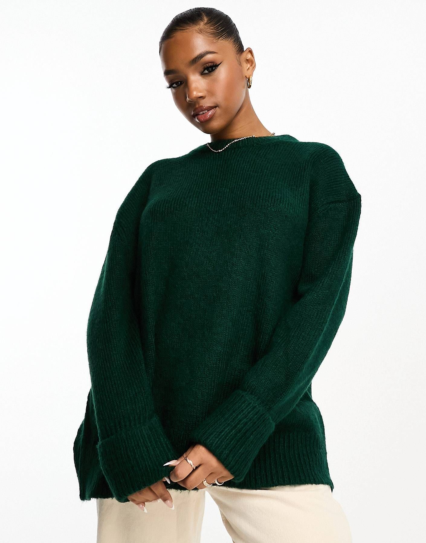 ASOS DESIGN wool blend oversized sweater with crew neck in dark green | ASOS (Global)