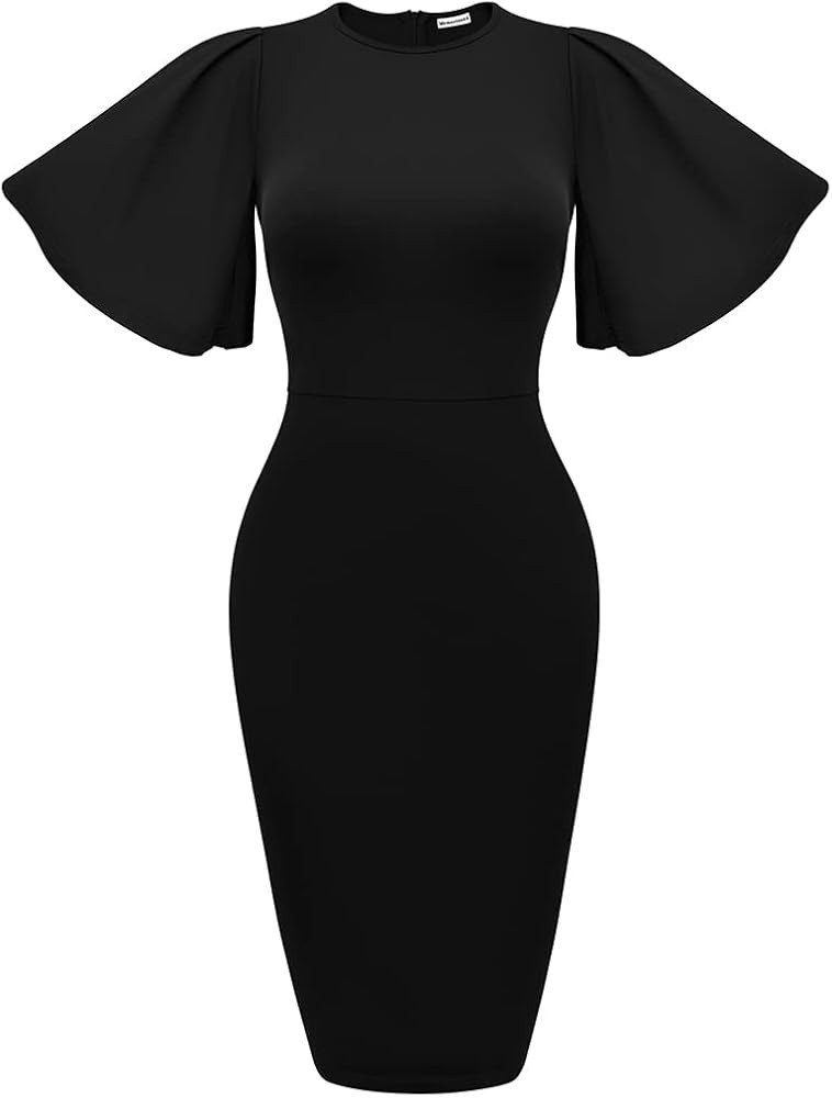 Memoriesea Women's Basic Bodycon Ruffle Flared Short Sleeve Pencil Midi Dress | Amazon (US)