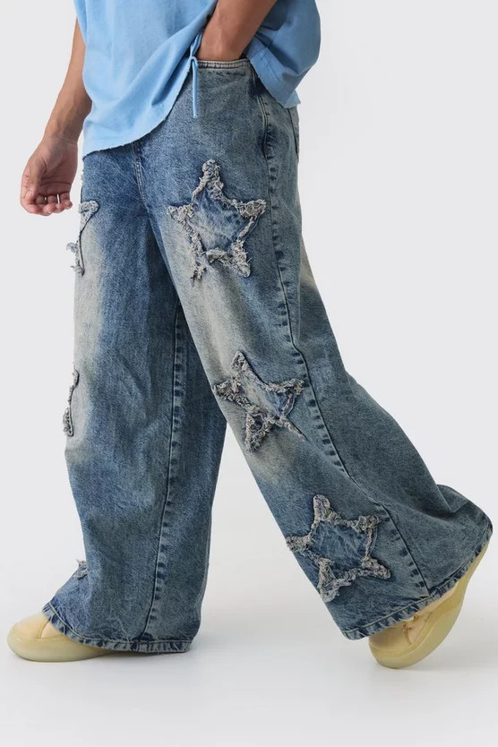 Wide Leg Rigid Star Distressed Applique Jeans | boohooMAN (US & Canada)