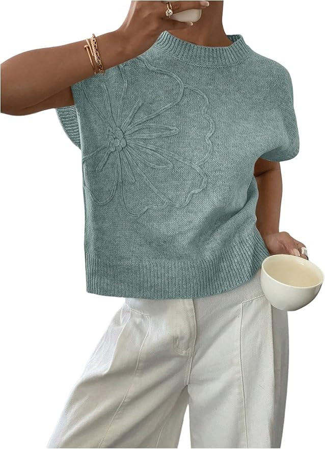 SOLY HUX Women's Ribbed Sweater Crew Neck Short Sleeve Loose Fit Floral Knit Pullover Tops | Amazon (US)