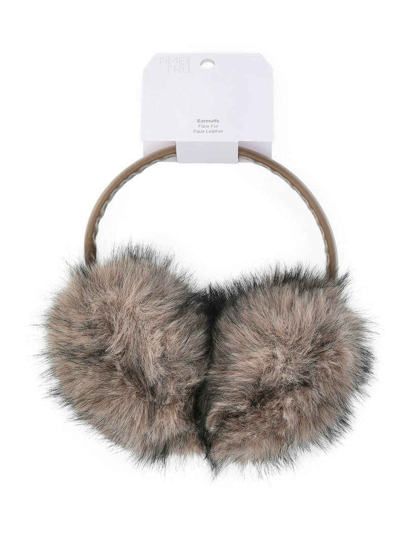Time and Tru Women's Faux Fur Ear Muffs with Faux Leather Band, Taupe | Walmart (US)