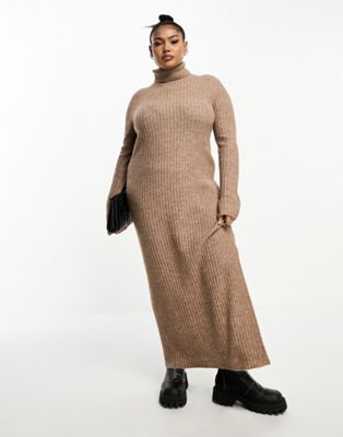 ASOS DESIGN Curve knitted maxi dress with high neck and side split in camel | ASOS (Global)