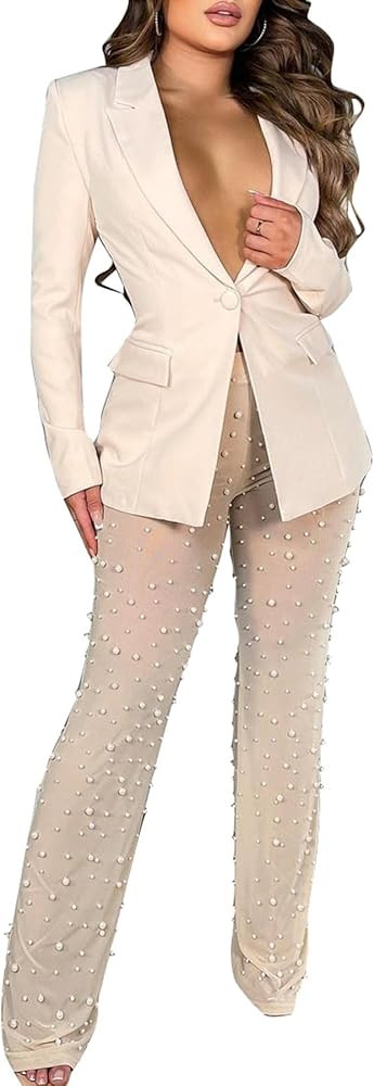 LKOUS Sexy Blazer Suits for Women,Long Sleeve Blazer and Mesh Beading Pants Clubwear Set with Und... | Amazon (US)
