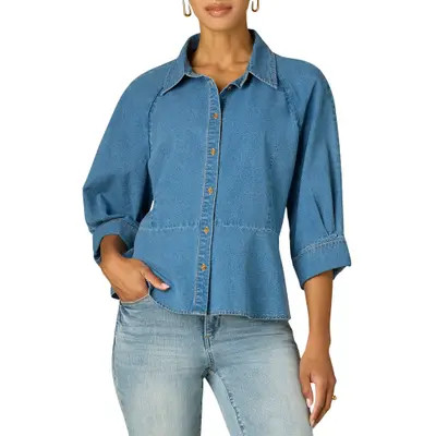 Wit & Wisdom Peplum Denim Shirt in Mid Blue at Nordstrom, Size X-Large | Nordstrom