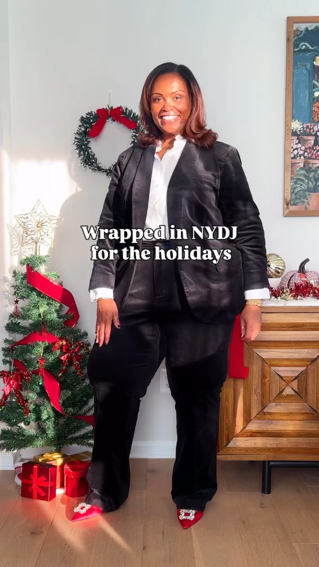 Wrapped in denim for the holidays just feels right this year. 💙✨ #giftedbynydj 
I’ve been leaning into pieces from @nydj that feel festive without doing too much, a soft ruffle neck blouse for a little femininity, cozy straight leg trousers that are actually comfortable, and a tuxedo style jacket that makes any outfit feel instantly put together.
It’s one of those looks that works for everything on my calendar, office moments, holiday dinners, or when I just want to feel a little extra polished. Simple, classic, and very me this season. 🎁✨

Comment SHOP below to receive a DM with the link to shop this post on my LTK ⬇

Don’t forget to save, share, or tag a friend who would love these looks💕Follow @sherradanielle for more outfit ideas.
•
•
•
#HolidayStyle #WinterOutfits #PlusSizeFashion #CurvyStyle #EverydayChic #vablogger