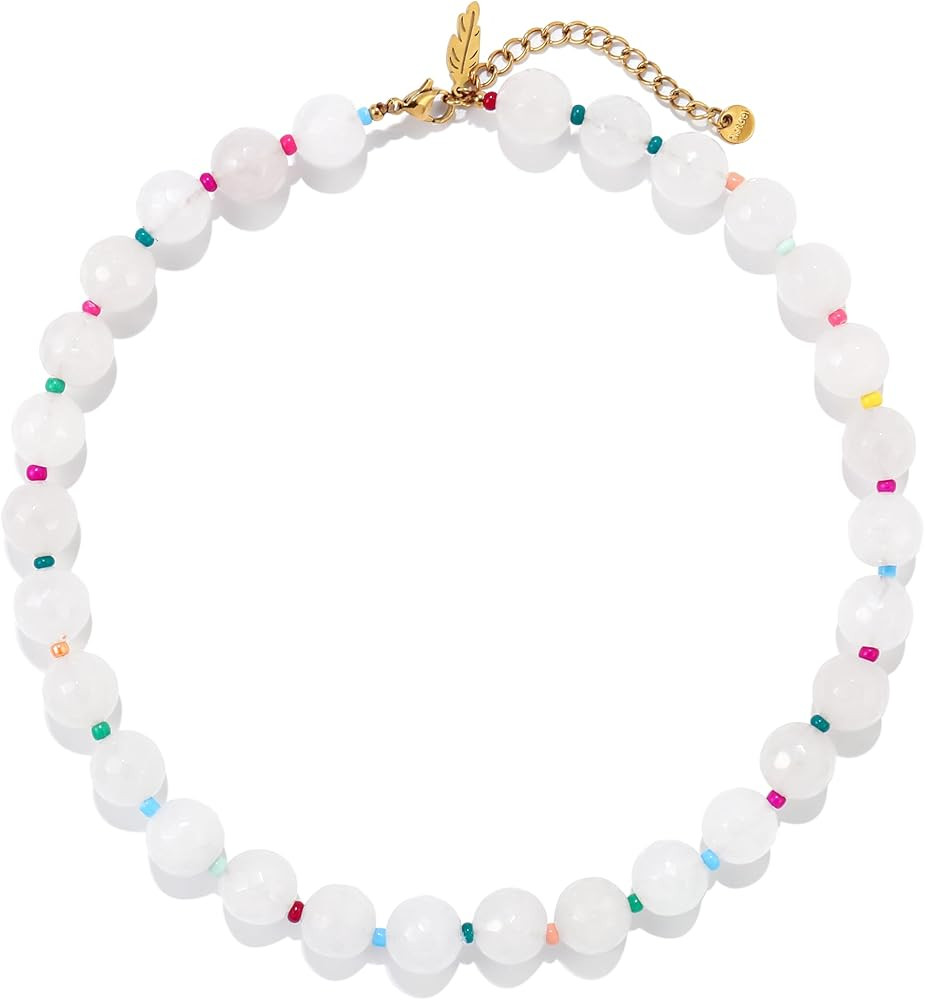 Elegance 11 designs White Beaded Gemstone Necklace for Women, Chunky Beach Waterproof Stainless S... | Amazon (US)