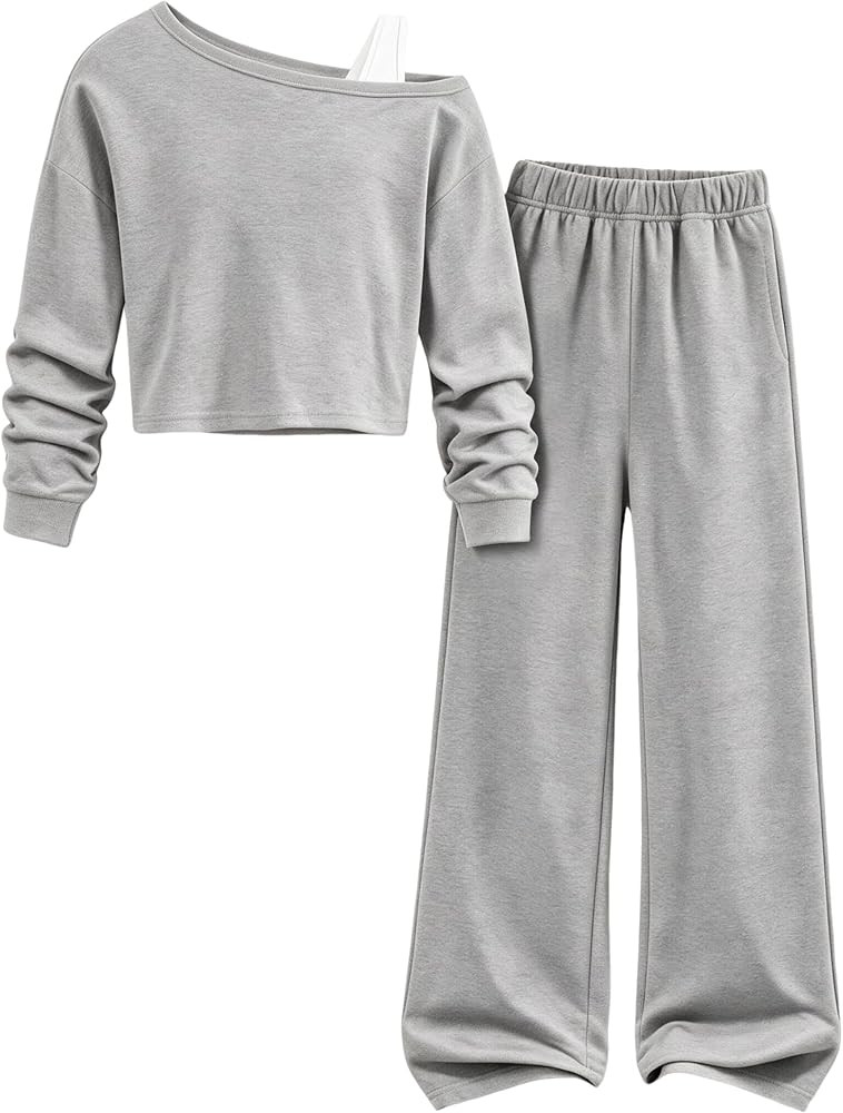 PATPAT Girls Sweatsuit Off Shoulder Sweatshirt Wide Leg Sweatpants 7-16Y | Amazon (US)