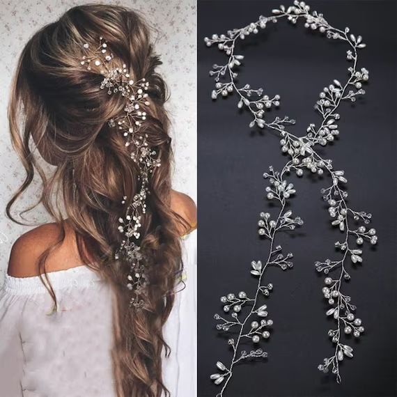 Long Silver Bridal Hair Vine Wedding Hair Accessory White | Etsy | Etsy (US)