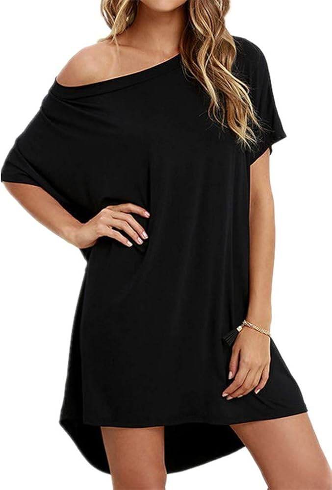 Gmiarmlas Women's Casual Off Shoulder Tunic Shirt Loose Mini Home T Shirt Dress | Amazon (US)
