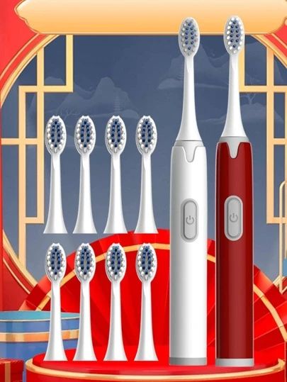 2pcs/set PP Electric Toothbrush & 10pcs Replacement Toothbrush Head, Modern Two Tone Waterproof P... | SHEIN